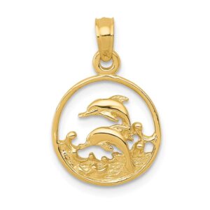 Solid 14k Yellow Gold Double Dolphin Circle Pendant Charm - 22mm x 15mm