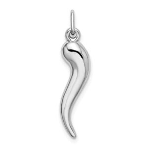 Solid 14k White Gold Cornicello Italian Horn Protection Charm Pendant - 26mm x 6mm