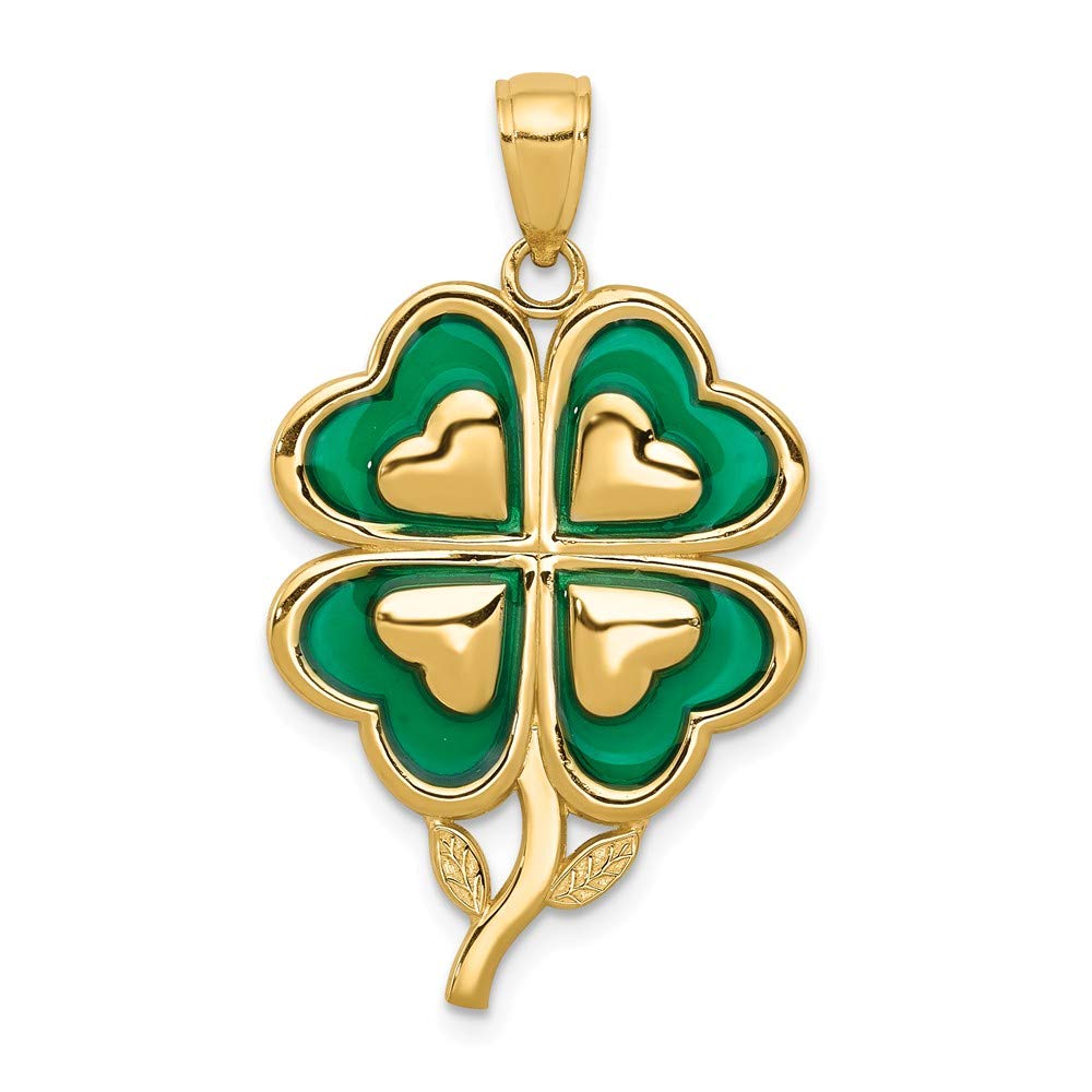 Solid 14k Yellow Gold 4-Leaf Clover Pendant Charm with Enameled Tips - 30mm x 20mm