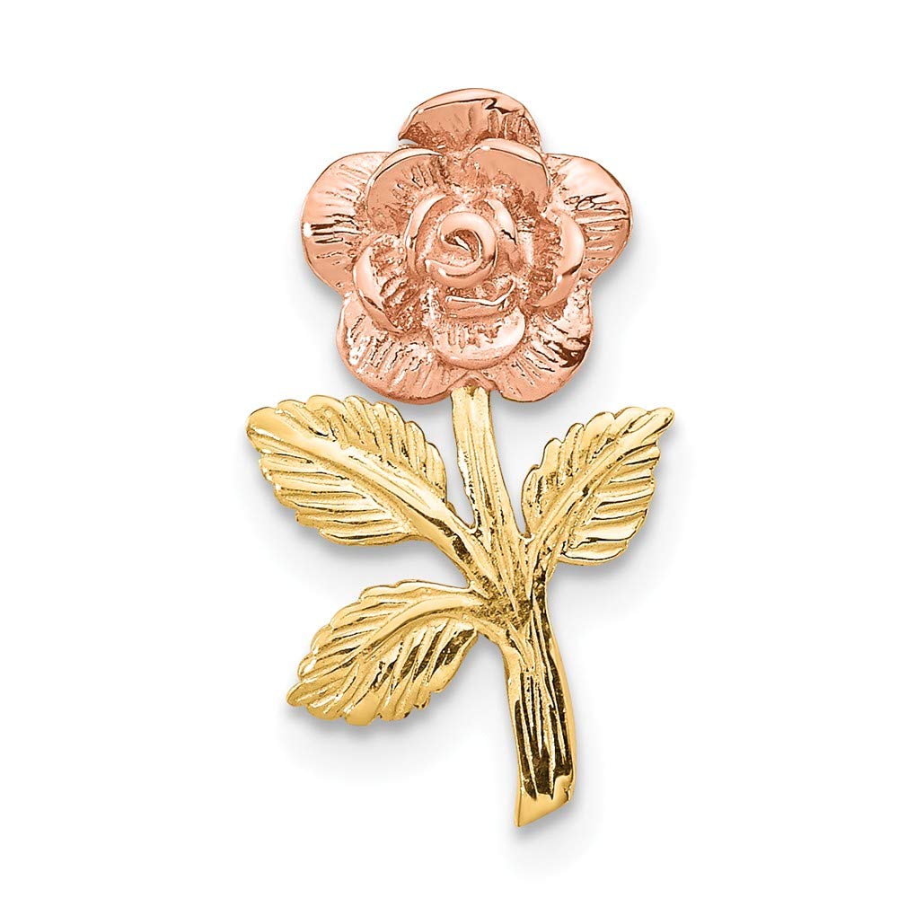 Solid 14k Gold Two-tone Mini Pink Rose Flower Chain Slide Pendant Charm - 17mm x 10mm