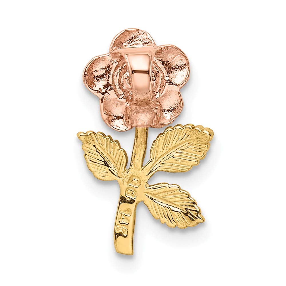 Solid 14k Gold Two-tone Mini Pink Rose Flower Chain Slide Pendant Charm - 17mm x 10mm