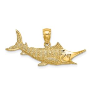 Solid 14k Yellow Gold 2-D Textured Marlin Fish Charm Pendant - 12mm x 31mm