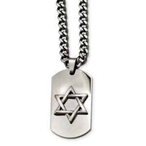 Solid Stainless Steel Star of David Lucky Jewish Dog Tag Pendant Necklace Charm Curb Chain - with Secure Lobster Lock Clasp 24"