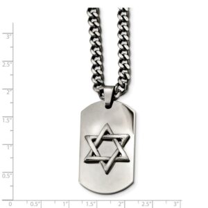 Solid Stainless Steel Star of David Lucky Jewish Dog Tag Pendant Necklace Charm Curb Chain - with Secure Lobster Lock Clasp 24"