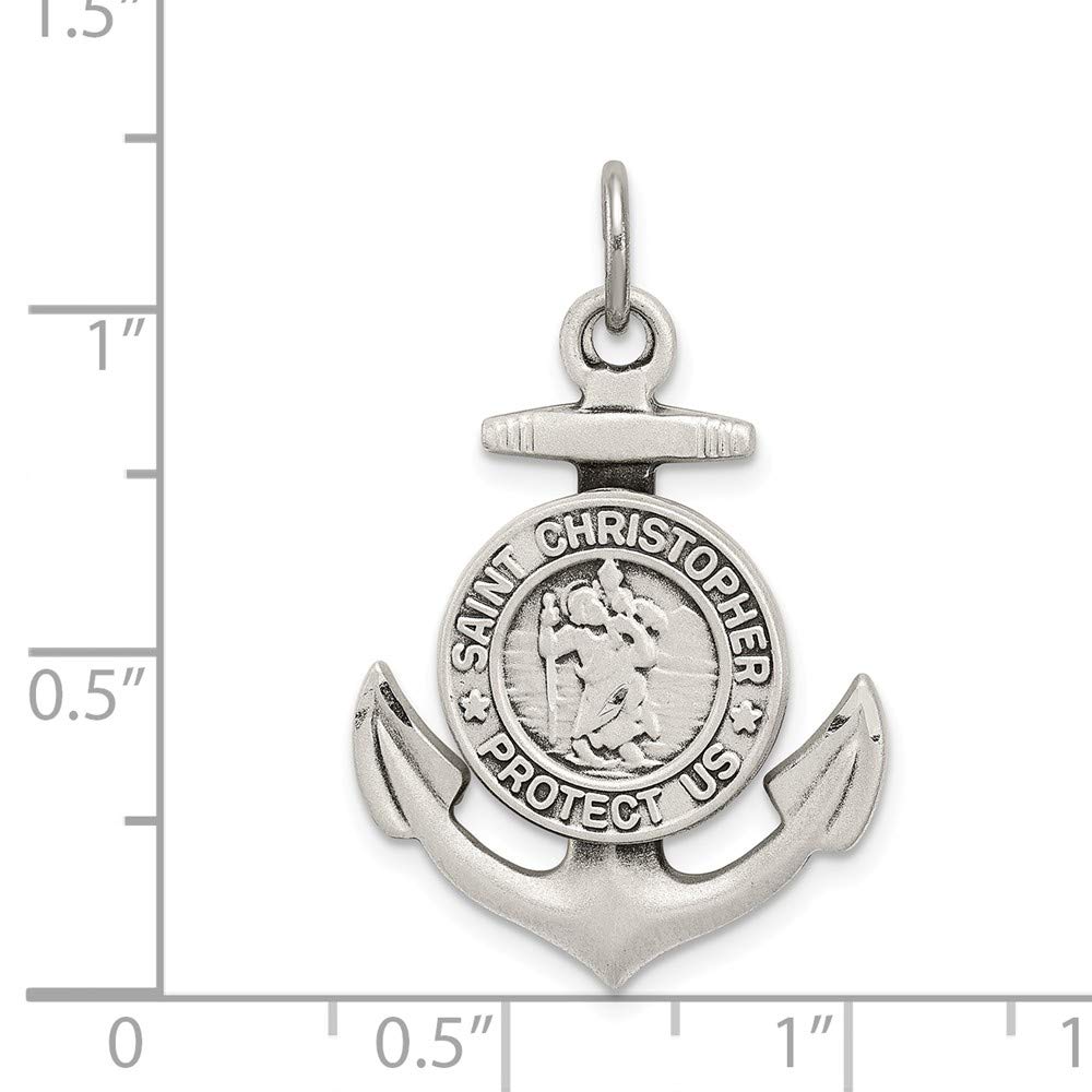 Solid 925 Sterling Silver Vintage Antiqued St Saint Christopher Anchor Medal Brushed Matte Finish Pendant Charm - 33mm x 20mm