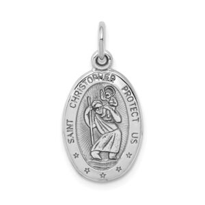 solid 10k white gold catholic patron saint christopher pendant charm medal - 24mm x 11mm