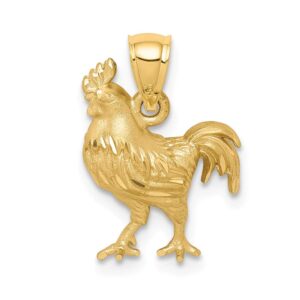 Solid 14k Yellow Gold Diamond-Cut Rooster Brushed Matte Finish Pendant Charm