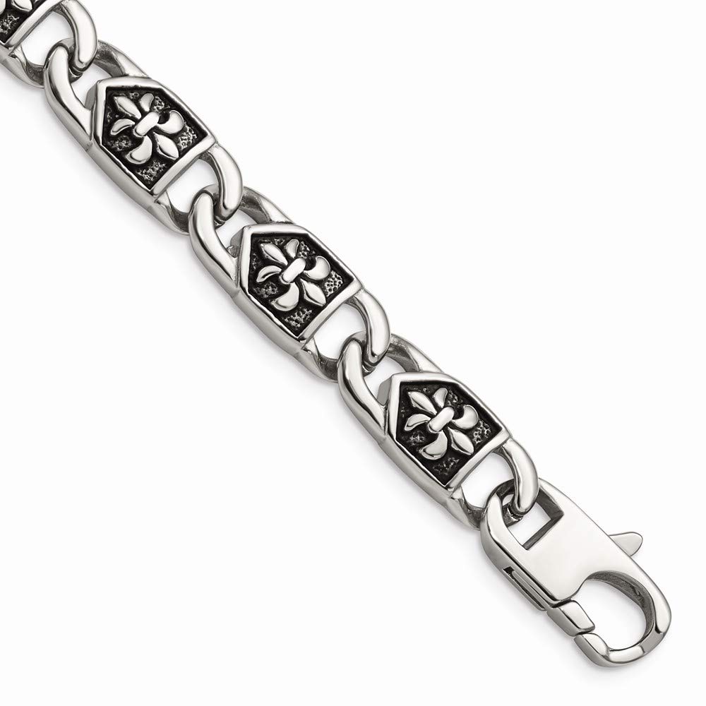 Solid Stainless Steel/Vintage Antiqued Fleur de Lis Bracelet - with Secure Lobster Lock Clasp 8.75"