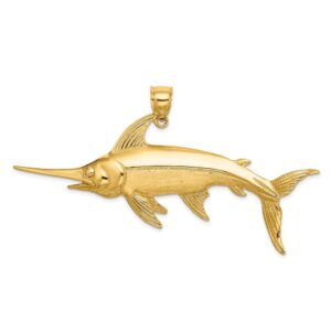 solid 14k yellow gold 2-d swordfish charm brushed matte finish pendant - 28mm x 67mm