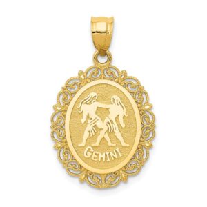 14k Yellow Gold Solid Gemini Zodiac Oval Brushed Matte Finish Pendant Charm - 25mm x 18mm