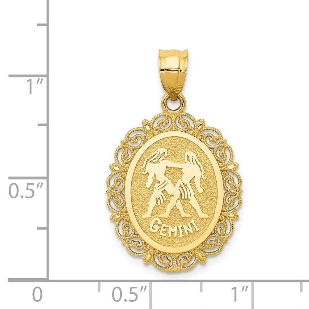 14k Yellow Gold Solid Gemini Zodiac Oval Brushed Matte Finish Pendant Charm - 25mm x 18mm