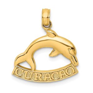 solid 14k yellow gold 2-d curacao under dolphin charm souvenir pendant - 20mm x 18mm