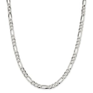 Solid 925 Sterling Silver 7.5mm Flat Figaro Chain Necklace - with Secure Lobster Lock Clasp 22"