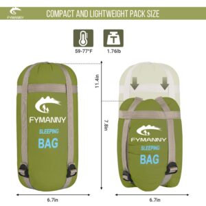 Warm Weather Sleeping Bag, FYMANNY Portable Waterproof Compact Lightweight Comfort with Compression Sack for Camping Backpacking Hiking, 83 L x 30" W Fits Adults(Army Green)