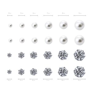 SUNSCSC Women's Stainless Steel Round Clear Cubic Zirconia Pearl Stud Earrings Gift 12 Pairs (White)