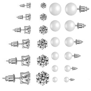 sunscsc women's stainless steel round clear cubic zirconia pearl stud earrings gift 12 pairs (white)