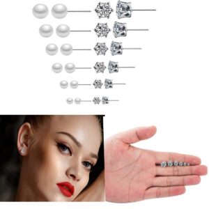 SUNSCSC Women's Stainless Steel Round Clear Cubic Zirconia Pearl Stud Earrings Gift 12 Pairs (White)