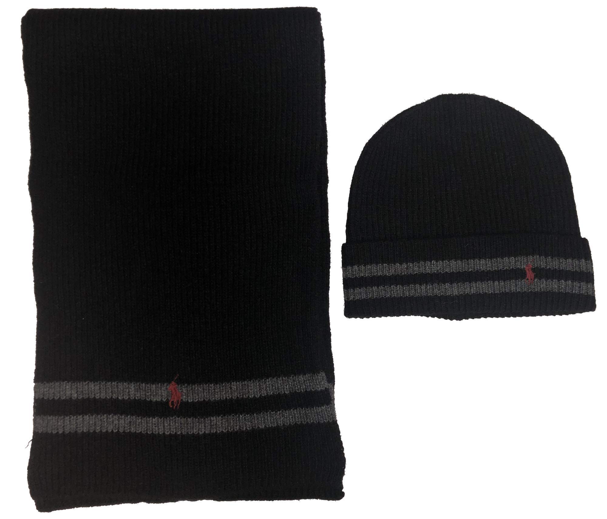 Polo Ralph Lauren Men's 2 Piece Set Hat & Scarf Lambswool Blend One Size Black