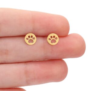 Solid 14K Yellow Gold Tiny Small Dainty Polished Paw Open Disk Dot Stud Earrings (Open Paw)