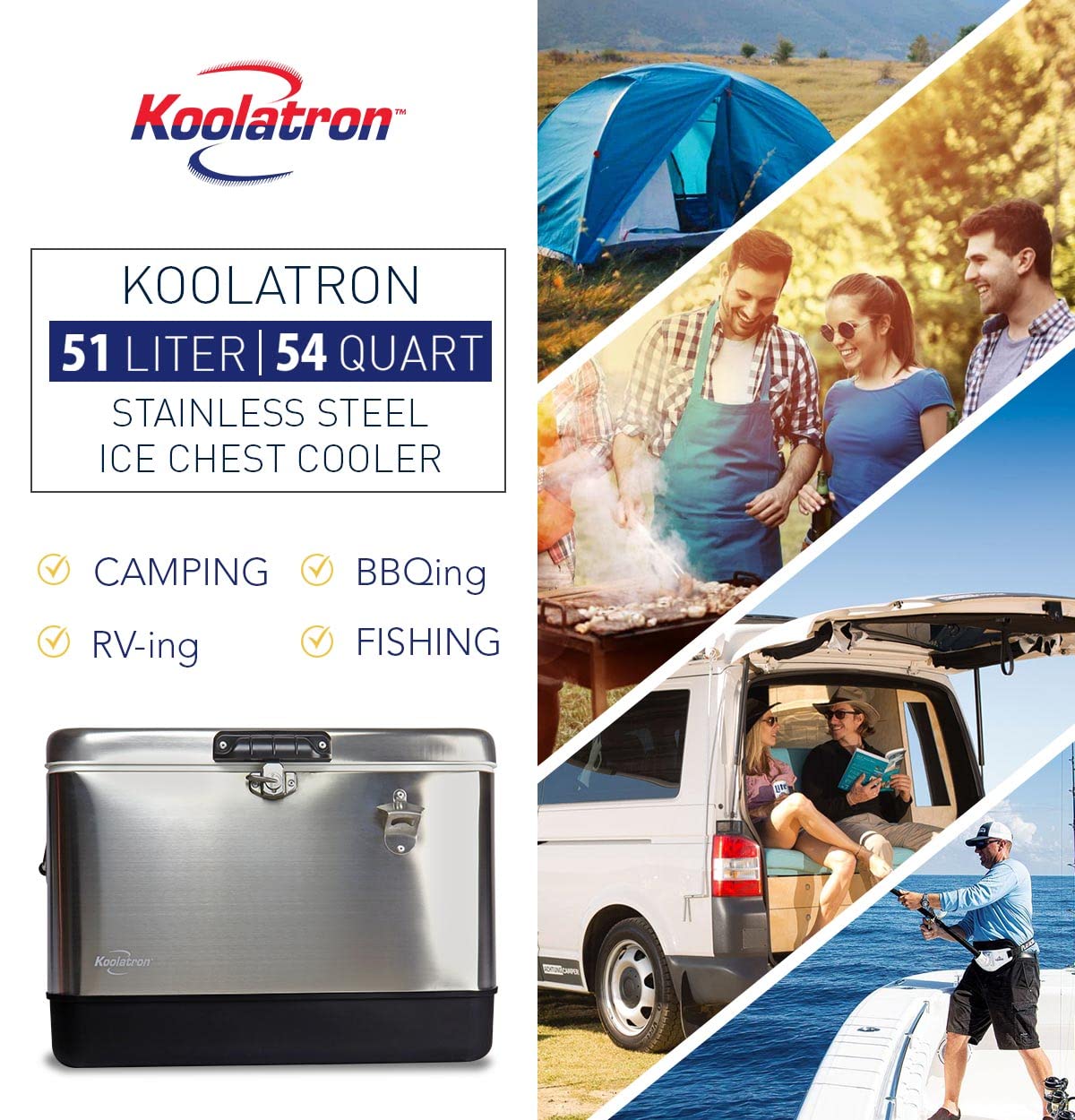 Koolatron Retro Ice Chest Cooler with Bottle Opener Blue and Red, Vintage Style Ice Bucket for Camping, Beach, Picnic, RV, BBQs, Tailgating, Fishing