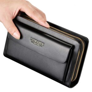 mens large long leather clutch hand bag wallet purse travel passport business cell phone holster credit card holder case for dad husband (black)