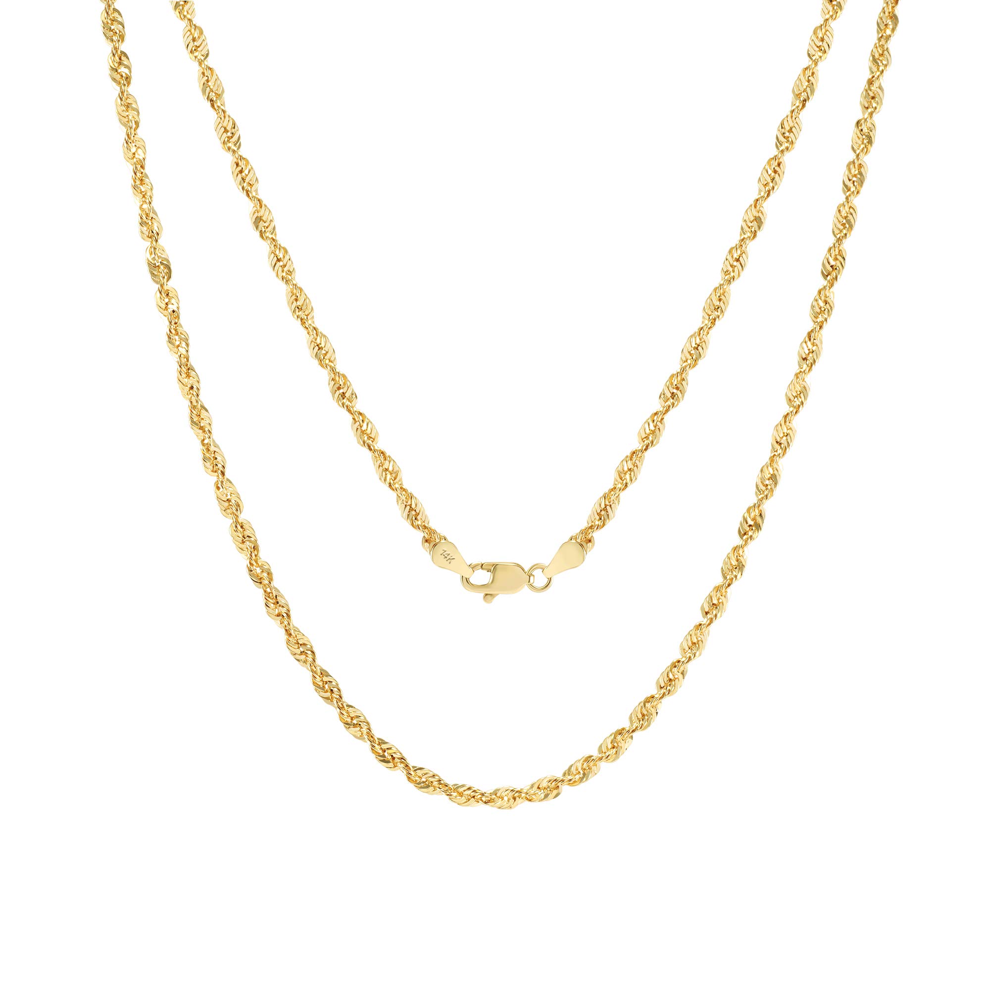 Nuragold 14k Yellow Gold 3mm Rope Chain Diamond Cut Lightweight Necklace, Mens Womens Jewelry 16" 18" 20" 22" 24" 26" 28" 30"