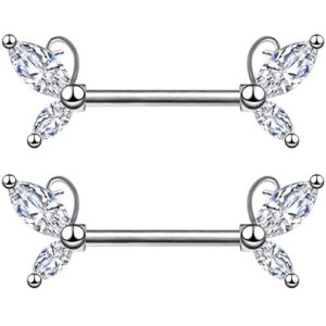 CHARM ONLINE 2PCS 14G 316L Stainless Steel Clear (Butterfly CZ Nipple Rings Barbell Crystal Nipple Piercings Jewelry for Women)