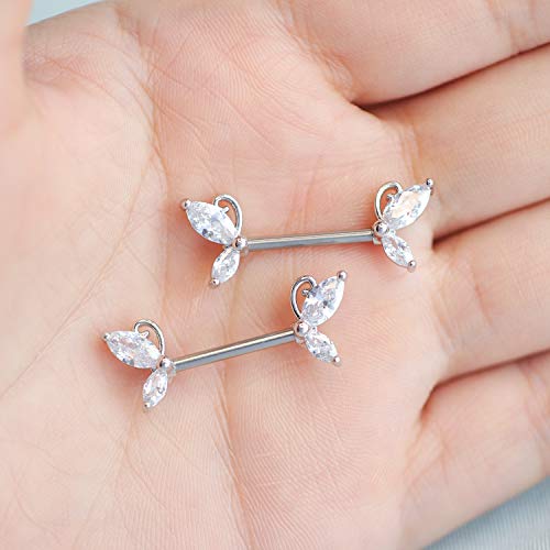 CHARM ONLINE 2PCS 14G 316L Stainless Steel Clear (Butterfly CZ Nipple Rings Barbell Crystal Nipple Piercings Jewelry for Women)