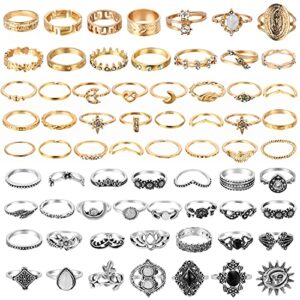 pantide 67pcs vintage knuckle rings set stackable finger rings midi rings for women bohemian hollow carved flowers gold&silver rings crystal joint rings with storage bag