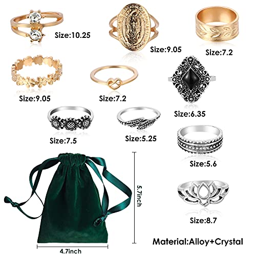 PANTIDE 67Pcs Vintage Knuckle Rings Set Stackable Finger Rings Midi Rings for Women Bohemian Hollow Carved Flowers Gold&Silver Rings Crystal Joint Rings with Storage Bag