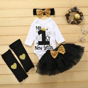 bilison My 1st New Year Outfit Newborn Baby Girl Clothes Romper Top+Tutu Tulle Polka Skirt+Leg Warmer+ Headband 4PCS Dress Set (C-dot dress, 12-18months)