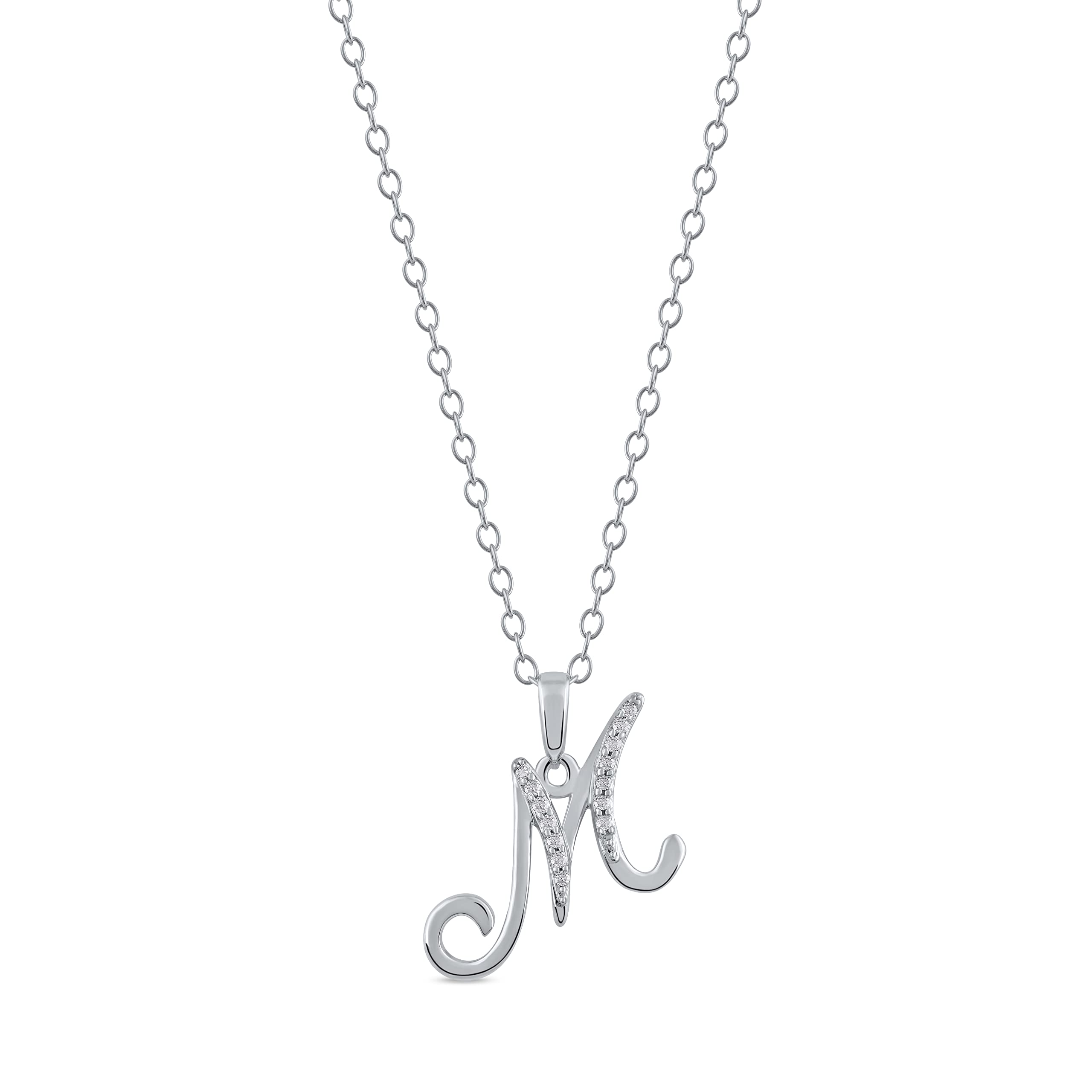 DZON Sterling Silver 1/20Ct TDW Diamond Studded Initial Charms Alphabet Name Letter M Pendant Necklace for Women(I-J,I2)