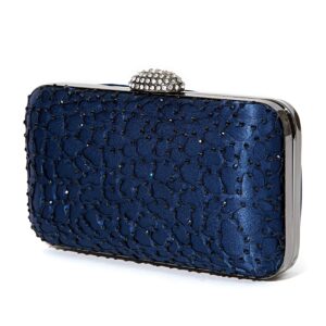 lace embellished evening bag with rhinestone closure, jewel bag navy