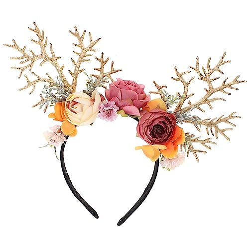 Amosfun Christmas Reindeer Antlers Headband Deer Antlers Ears Flower Hair Hoop Hair Band Holiday Headdress Hair Accessories for Christmas Party Supplies