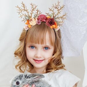 Amosfun Christmas Reindeer Antlers Headband Deer Antlers Ears Flower Hair Hoop Hair Band Holiday Headdress Hair Accessories for Christmas Party Supplies