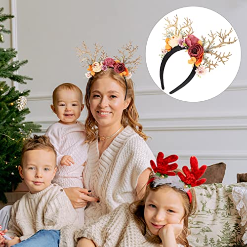 Amosfun Christmas Reindeer Antlers Headband Deer Antlers Ears Flower Hair Hoop Hair Band Holiday Headdress Hair Accessories for Christmas Party Supplies