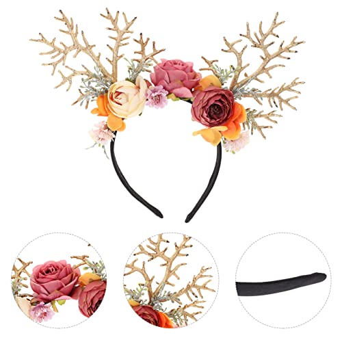 Amosfun Christmas Reindeer Antlers Headband Deer Antlers Ears Flower Hair Hoop Hair Band Holiday Headdress Hair Accessories for Christmas Party Supplies