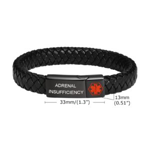 Hisatan Free Custom Engraving Braided Genuine Leather Emergency Medical Alert ID Cuff Bracelet with Sturdy Clasp,Adrenal Insufficiency