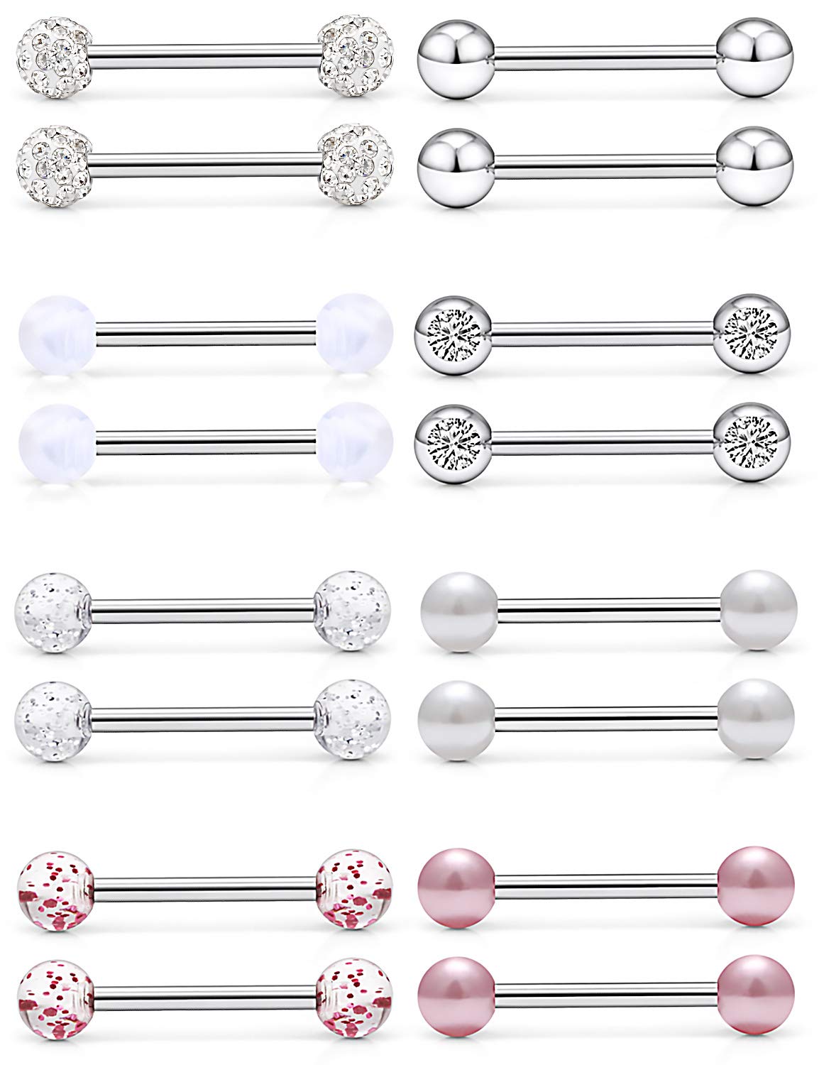 Prjndjw 8 Pairs 14G Nipple Rings Surgical Steel Tongue Rings Barbell Nipplering Body Piercing Jewelry Retainer for Women Men 16mm Length