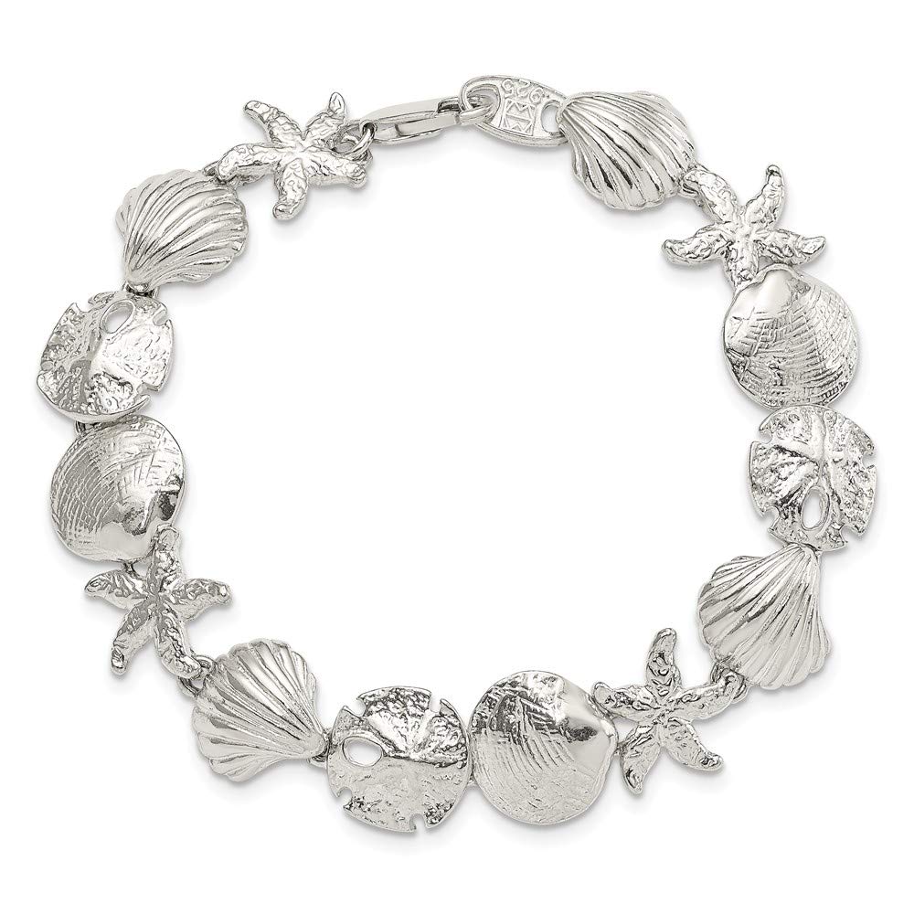 Solid 925 Sterling Silver Seashells Bracelet - with Secure Lobster Lock Clasp 7"