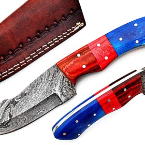 Smart & Sharp Custom Handmade Damascus Steel Hunting Knife/Skinning Knife AA-17301 (Red & Blue Wood)