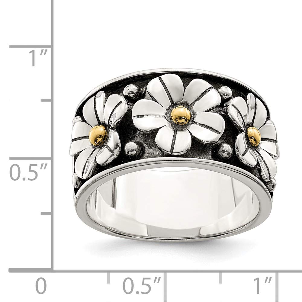 Solid 925 Sterling Silver Vintage Antiqued 14k Yellow Gold Centers Daisy Ring Band Size 8