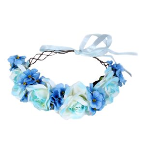 llinfflr floral garland crown boho flower headband hair wreath floral halo headpiece with ribbon wedding party blue