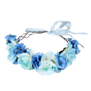 LLinfflr Floral Garland Crown Boho Flower Headband Hair Wreath Floral Halo Headpiece with Ribbon Wedding Party Blue