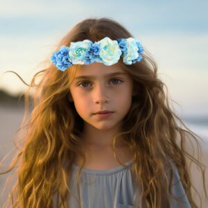 LLinfflr Floral Garland Crown Boho Flower Headband Hair Wreath Floral Halo Headpiece with Ribbon Wedding Party Blue