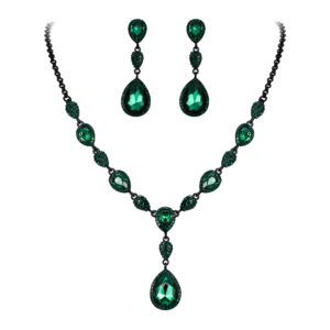 elequeen women's cubic zirconia teardrop y-necklaces dangle earrings sets for brides bridesmaids green black-tone