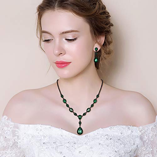 EleQueen Women's Cubic Zirconia Teardrop Y-Necklaces Dangle Earrings Sets for Brides Bridesmaids Green Black-Tone