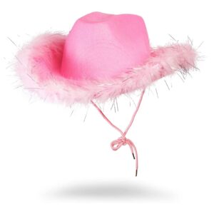 Juvolicious Cowboy Hats for Women and Men - Fluffy, Sparkly Pink Cowgirl Hat with Feathers for Costume, Dress Up Birthday, Party