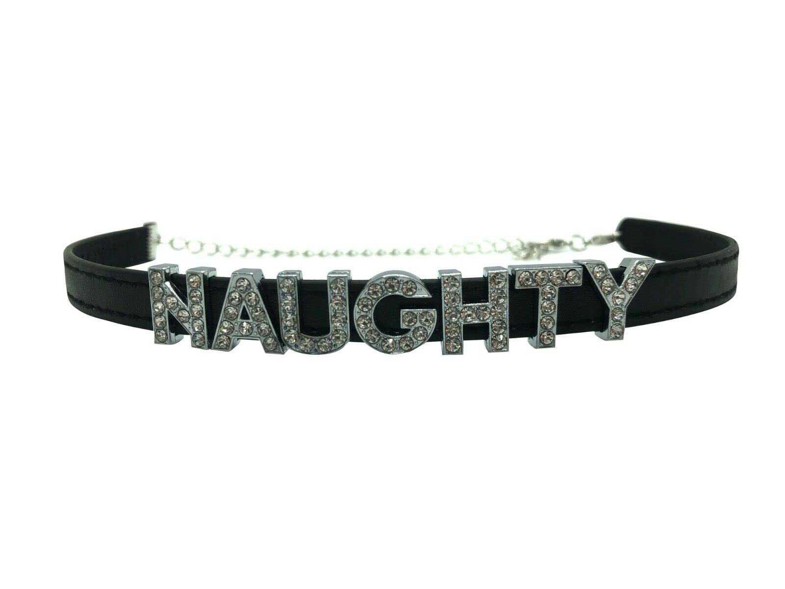 Naughty Choker Necklace - Cute Sexy Collar for Women Rhinestone Letters Black