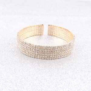 AZFEIYA 18k Rose Gold Plated Cubic Zirconia Cuff Bangle Sparkly Rhinestone Bridal Wedding Statement Bracelet (Gold)